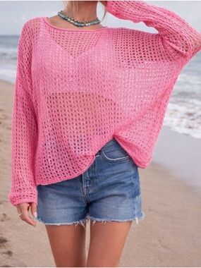 Easel Pink Crochet Beach Layer Top Open Knit Lightweight Size Large NWT